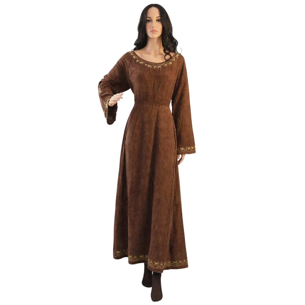 Whats Happenin Brown Acid Wash Embroidered Midi Dress Long Sleeve Womens L NWT